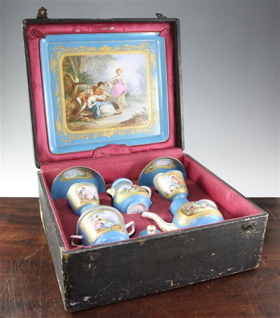 A good morocco leather cased Sevres style porcelain eleven piece cabaret set, late 19th century, the tray 12in.